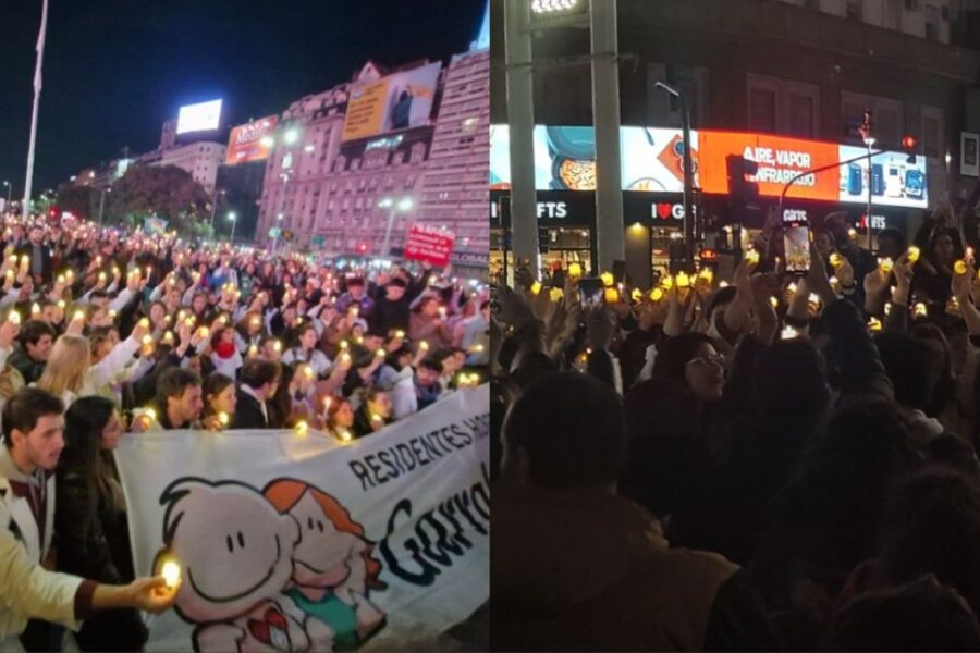 Residentes del Garrahan se movilizan con velas al Obelisco exigiendo un aumento formal en sus salarios