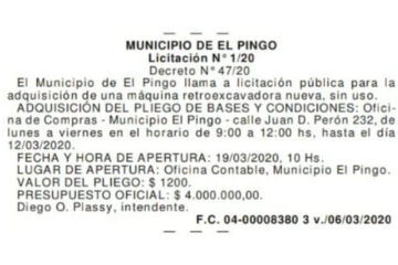 Llaman a licitación para comprar una retroescavadora por $4 millones