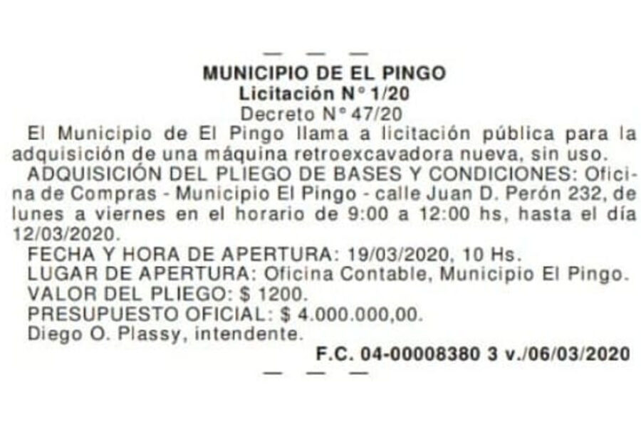 Llaman a licitación para comprar una retroescavadora por $4 millones