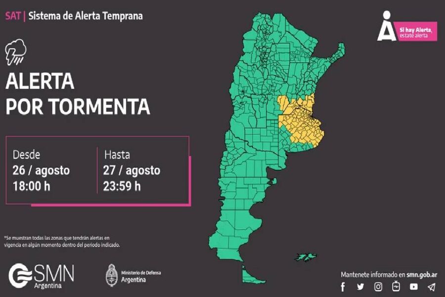(Mención a Entre Ríos) Persiste la alerta amarilla por tormentas fuertes en Buenos Aires y alrededores para esta noche