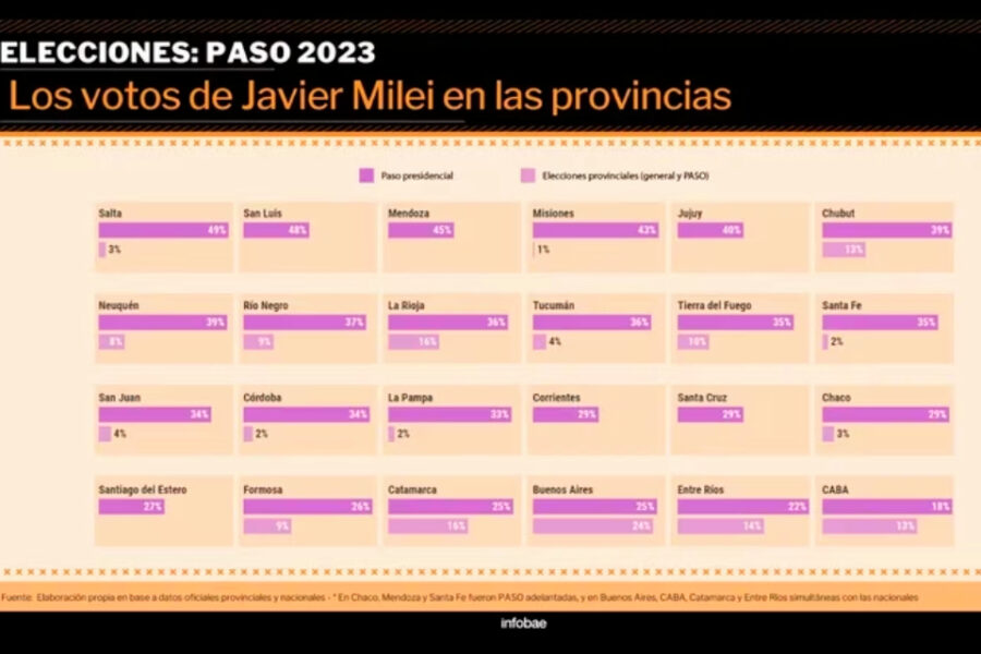 (Mención a Entre Ríos) PASO 2023: cuánto aumentaron los votos a Milei en las provincias respecto de los elecciones a gobernador desdobladas